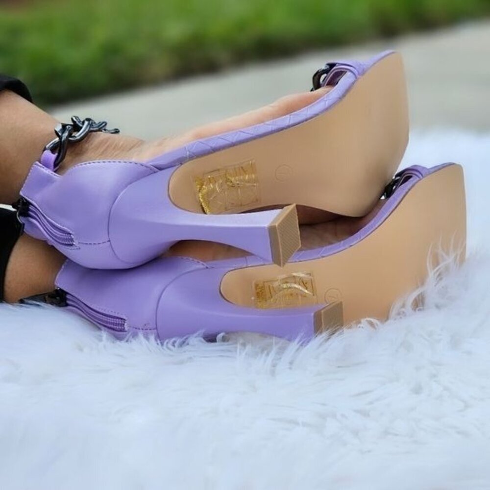 Purple Women's Ankle Strap Stiletto Sandals Metallic Chain Back Zipper - Picture 6 of 6